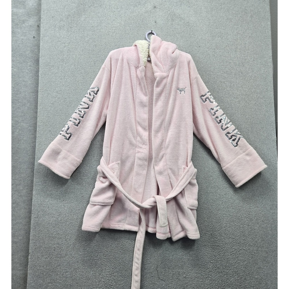 PINK Victoria's Secret Women Sleepwear M/L Pink Robe Sherpa Sequins Bling Logo